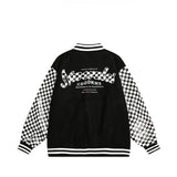 Unisex Jacket Checkerboard PU Leather Baseball Uniform Embroidered Baseball Jacket Jacket