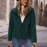 Women Trench Coat round Neck Long Sleeve Loose Rope Zipper Double-Sided Velvet Casual Jacket