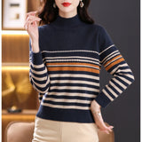 Women Knitted Pullover Autumn and Winter Knitting Slim-Fit Turtleneck Striped Sweater