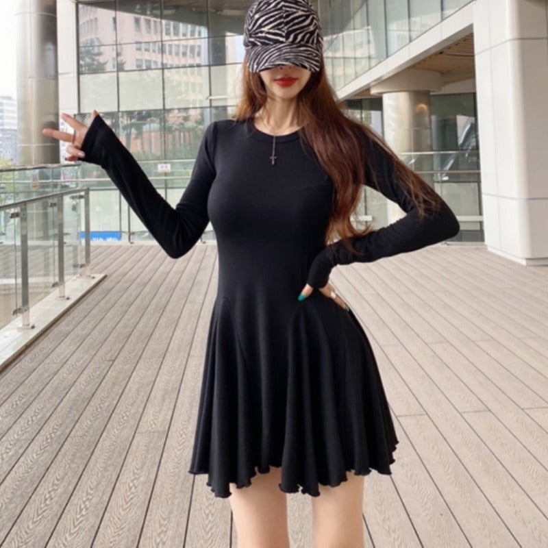 Women Dresses round-Neck Long-Sleeved Dress Long Sleeve Short Dress