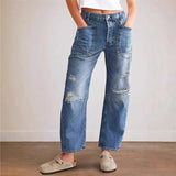 Women's pants: in-stock european & american retro distressed straight-leg jeans, casual patchwork long pants, loose-fit denim for women