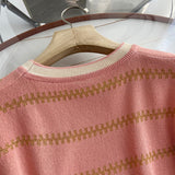 Women Sweater Knitwear Striped Loose Short Sleeve Knitted T-shirt Female Student O-neck Short Top