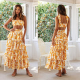 Women Dresses Sling Top Stitching Printing Long Dress Suit (Jkw0408)