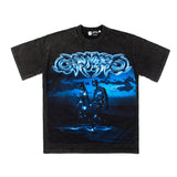 Hip-hop t shirts american high street retro washed heavy metal fluorescent dot skull printing washed short-sleeved t-shirt tee