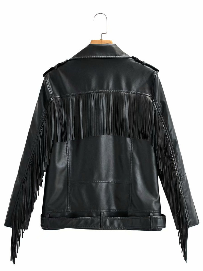 Women Leather Jacket Lapel Punk Hip Hop Tassel Leather Jacket