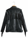 Women Leather Jacket Lapel Punk Hip Hop Tassel Leather Jacket