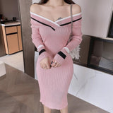 Women Maxi Dress Spring, Autumn and Winter V-neck Striped Knitted Slim Fit Sweater Dress