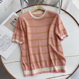 Women Sweater Knitwear Striped Loose Short Sleeve Knitted T-shirt Female Student O-neck Short Top