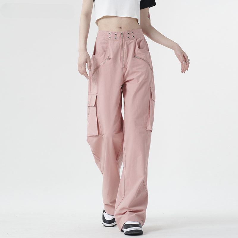 Women Sweatpants Dopamine Pink Summer Zipper Multi-Pocket Straight Casual Pants