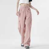 Women Sweatpants Dopamine Pink Summer Zipper Multi-Pocket Straight Casual Pants