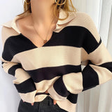 Women Sweater Knitwear Autumn and Winter Loose Striped Sweater Women's Casual Long-Sleeved Polo Top