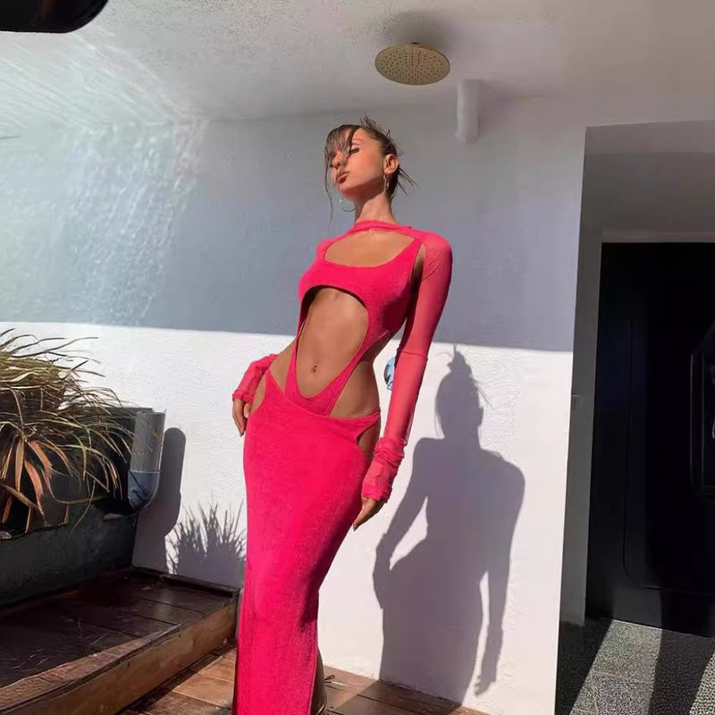 Women Dresses Bandage One-Piece Dress Rose Red Hollow out Party Dress (Ont0408)