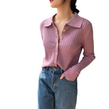 Women Knitwear Autumn Polo Collar Sweater Vintage Slim-Fit Knitted Cardigan