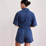 Women's pants: european and american cross-border spring/summer retro casual loose pocket short sleeve shirt & shorts denim set