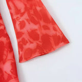 Women Dresses Summer Rose Printed Long Sleeve Dress Bell Sleeve Slim Fit Long Dress (Xds0414)