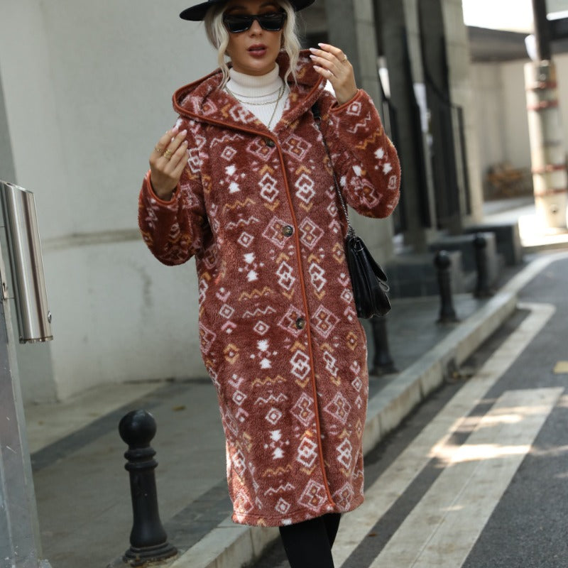 Women Trench Coat Hooded Long Sleeve Geometric Printed Single-Breasted Extended Regular Plush Jacket