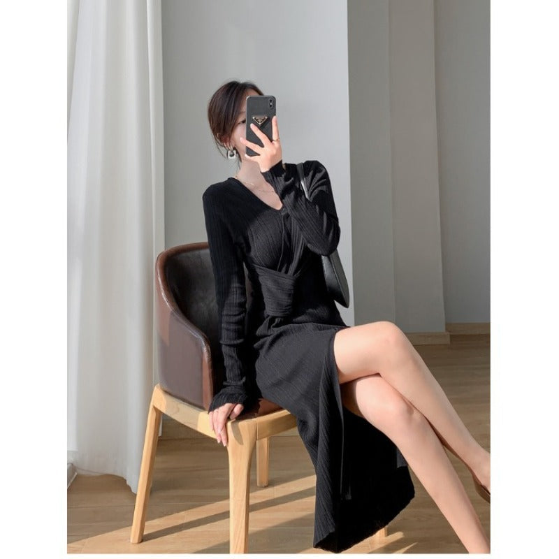 Women Maxi Dress Autumn and Winter V-neck Knitted Sheath Dress