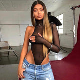 Women Jumpsuit Sexy Jumpsuit Spring Turtleneck Single Sleeve Mesh Top (Hawthaw0412)