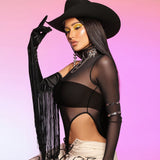 Women Jumpsuit Sexy Jumpsuit Spring Turtleneck Single Sleeve Mesh Top (Hawthaw0412)