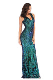Women Evening Gown Sexy V-neck Stretch Green Sequins Dress Formal Dress