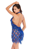 Women Evening Gown Sexy V-neck Backless Tassel Sequins Dress