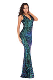 Women Evening Gown Sexy V-neck Stretch Green Sequins Dress Formal Dress
