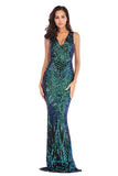 Women Evening Gown Sexy V-neck Stretch Green Sequins Dress Formal Dress