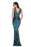 Women Evening Gown Sexy V-neck Stretch Green Sequins Dress Formal Dress