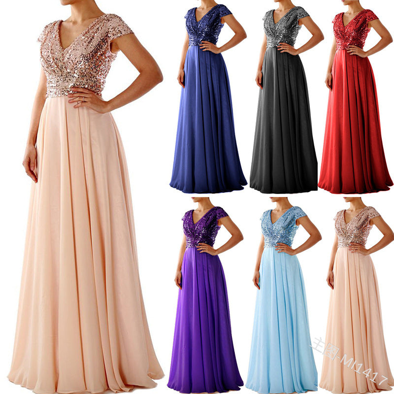 Robe Bridgerton V-neck Sequins Chiffon Stitching Evening Long Dress
