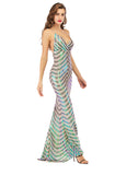 Women's Evening Gownv Collar Backless Long Stretch Sequins Dress