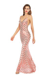 Women's Evening Gownv Collar Backless Long Stretch Sequins Dress