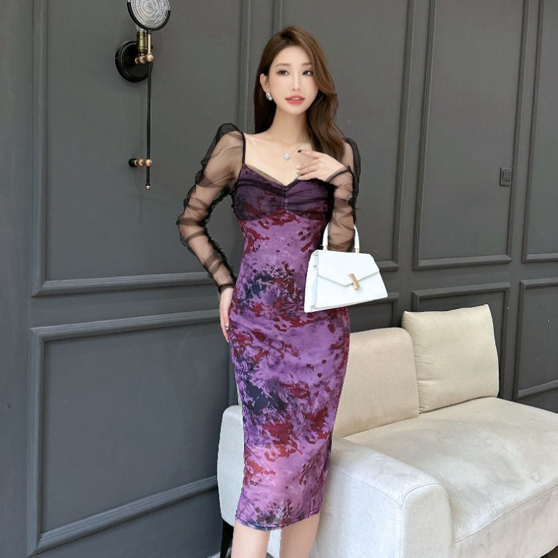 Women Maxi Dress Spring and Autumn Sexy Mesh Floral Print Sheath Puff Sleeve Dress