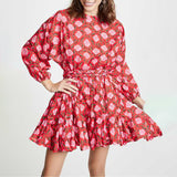 Women Dresses Lantern Sleeve Pleated Skirt Printed Dress (Qymy0409)