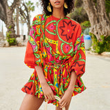 Women Dresses Lantern Sleeve Pleated Skirt Printed Dress (Qymy0409)