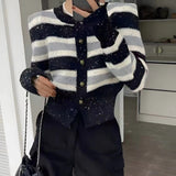 Women Knitwear Spring and Autumn Stripes round Neck Sweater Short Knitted Cardigan