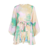 Women Dresses Lantern Sleeve Pleated Skirt Printed Dress (Qymy0409)