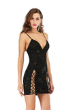 Women Evening Gown Sexy V-neck Backless Hollow-out Sequin Dress