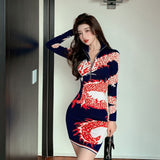 Women Maxi Dress Autumn and Winter Zipper Long Sleeve Turtleneck Sweaters Striped Dress