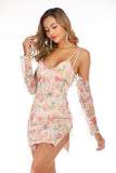 Women Evening Gown Sexy V-neck off-the-Shoulder Spaghetti-Strap Floral Print Tassel Sequins Dress