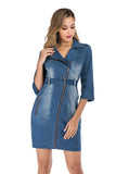 Women's Evening Gown Stretch Denim Dress 3/4 Sleeve Belt Lapel