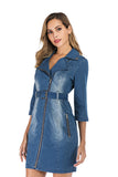 Women's Evening Gown Stretch Denim Dress 3/4 Sleeve Belt Lapel
