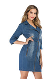 Women's Evening Gown Stretch Denim Dress 3/4 Sleeve Belt Lapel
