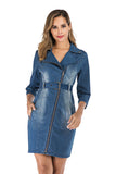 Women's Evening Gown Stretch Denim Dress 3/4 Sleeve Belt Lapel