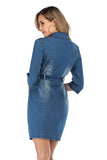 Women's Evening Gown Stretch Denim Dress 3/4 Sleeve Belt Lapel