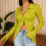 Women Sweater Knitwear Lapel Single Breasted Split Flare Sleeve Knitwear
