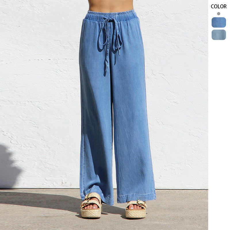 Women's tencel denim pants - spring/summer lightweight, european & american high-waisted, slimming, straight-leg, wide-leg, ice silk drape, casual pants