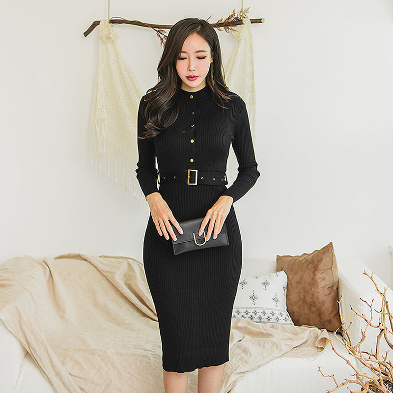 Women Maxi Dress Spring and Autumn Breasted round Neck Hip Knitwear Dress