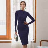 Women Maxi Dress Autumn and Winter round Neck Long Sleeve Narrow Slit Knitted Dress