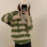 Women Knitwear Autumn and Winter Striped Hooded Sweater Coat Knitted Cardigan