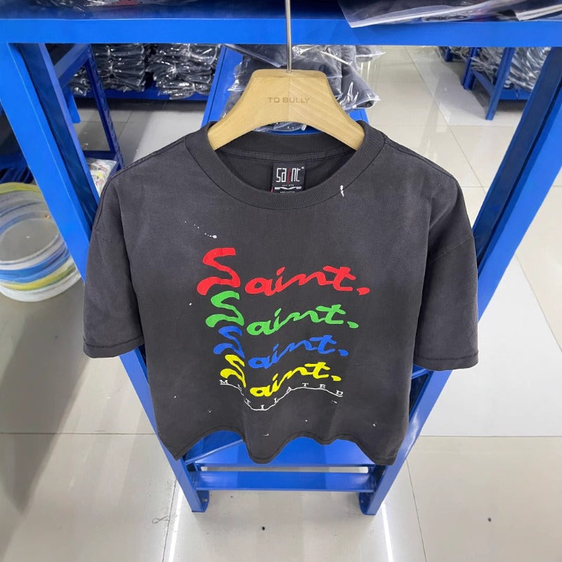 saint m t shirts s.m colorful letter graphic crew neck pullover short sleeve top